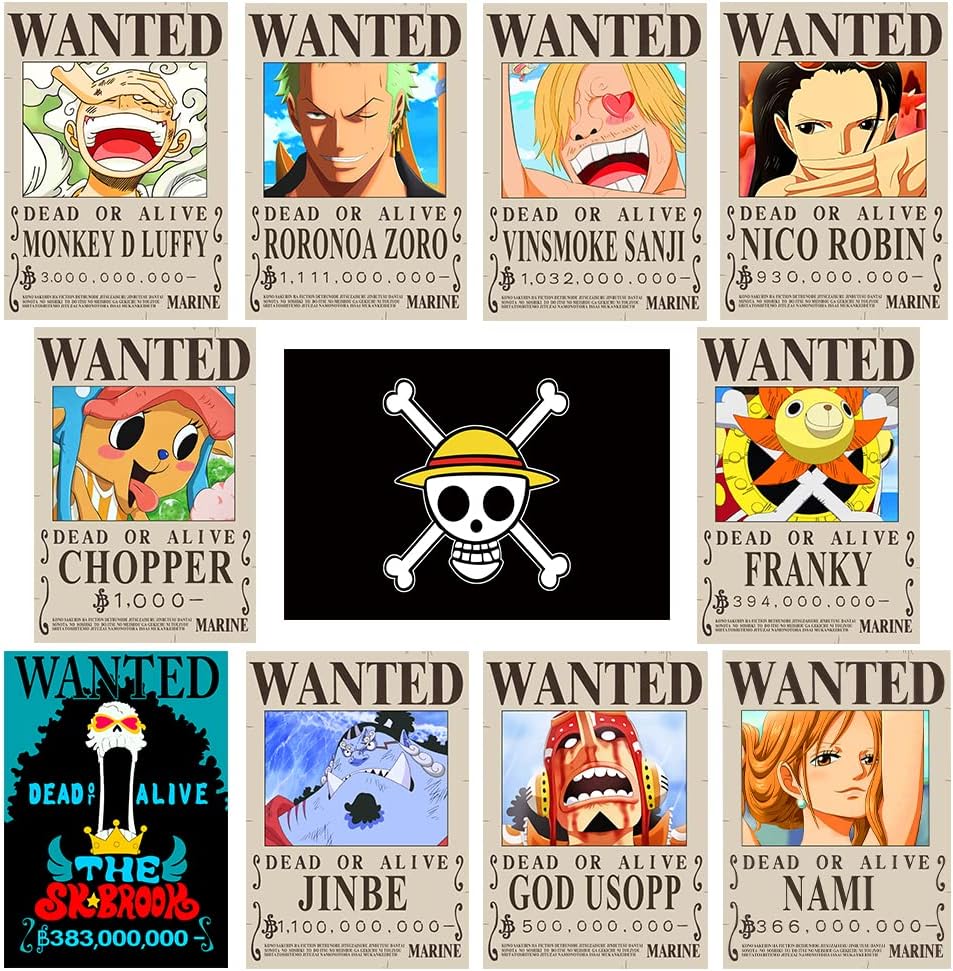 Pôster Anime One Piece Wanted Bounty 38 × 27 cm (15 × 11 pol), nova edição, 10 chapéus de palha piratas Crew Zoro, Sanji, Luffy, um conjunto de 11 peças