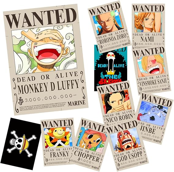 Pôster Anime One Piece Wanted Bounty 38 × 27 cm (15 × 11 pol), nova edição, 10 chapéus de palha piratas Crew Zoro, Sanji, Luffy, um conjunto de 11 peças